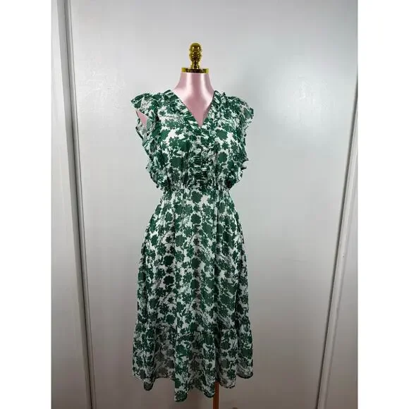 Sienna Sky Green Floral Ruffle Midi Dress Cottagecore Feminine Spring Summer S - Picture 7 of 8